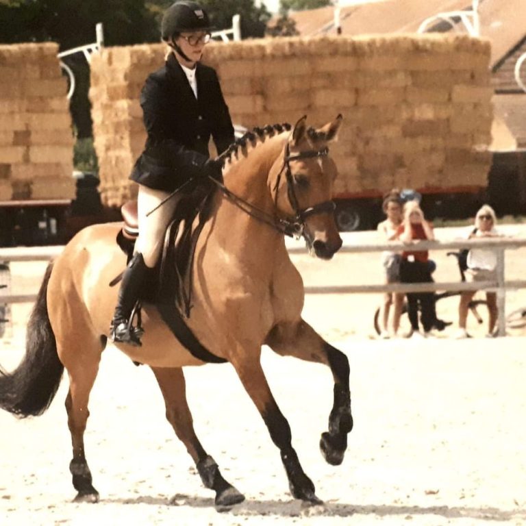 Concours équestre Cavaliere en tenue de concours montant un cheval sur un terrain équestre.